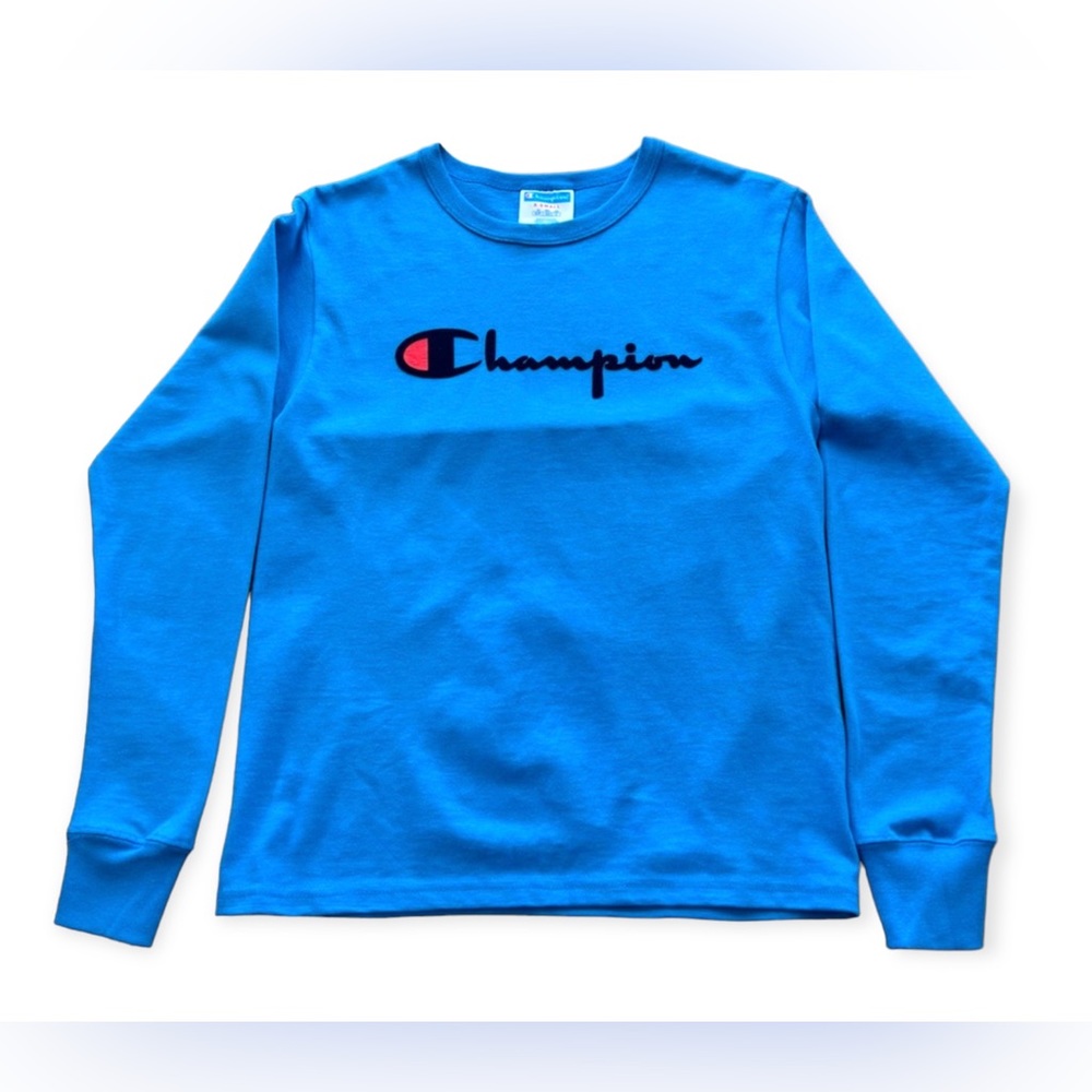 Champion Men’s Velvet Logo Long-Sleeve‎ Crewneck Graphic Tee XS Blue
